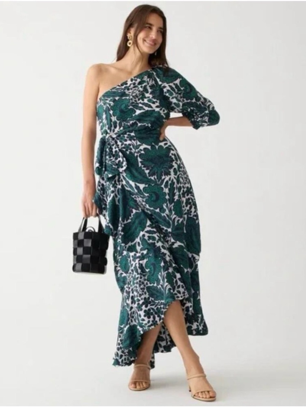 J. Crew Navy Green and White One-Shoulder Floral Maxi Dress